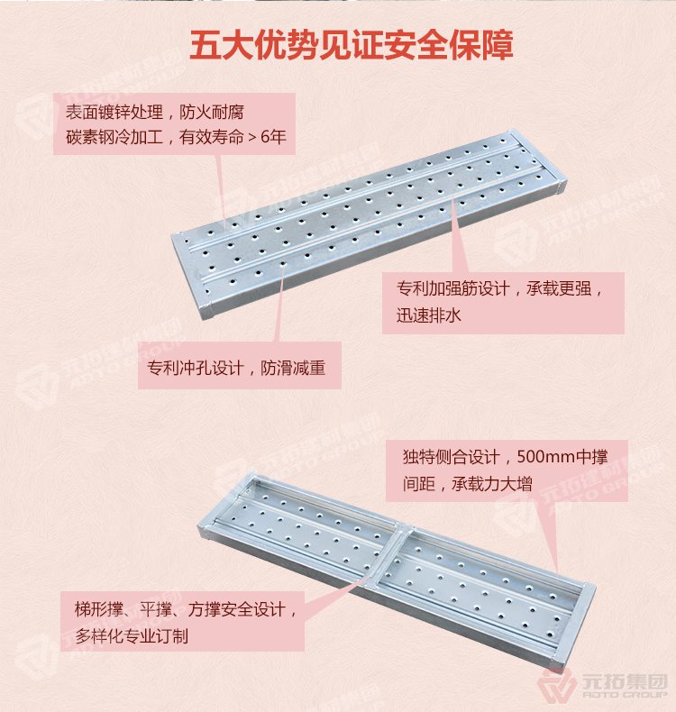 元拓  Q235江蘇熱鍍鋅鋼跳板 船用鋼踏板 五大優(yōu)勢見證安全保障，表面鍍鋅處理，防火耐腐，碳素鋼冷加工，壽命大于6年，加強(qiáng)筋設(shè)計(jì)，專業(yè)沖孔，防滑設(shè)計(jì)，