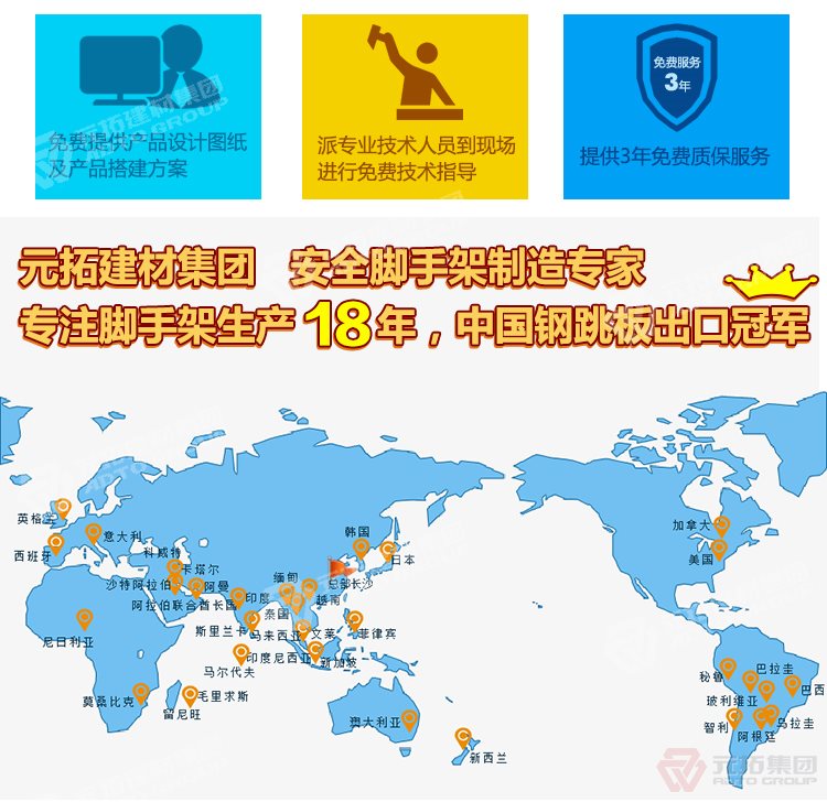 元拓建材集團(tuán)，安全腳手架制造專家！專注腳手架生產(chǎn)18年，中國鋼跳板出口冠軍！